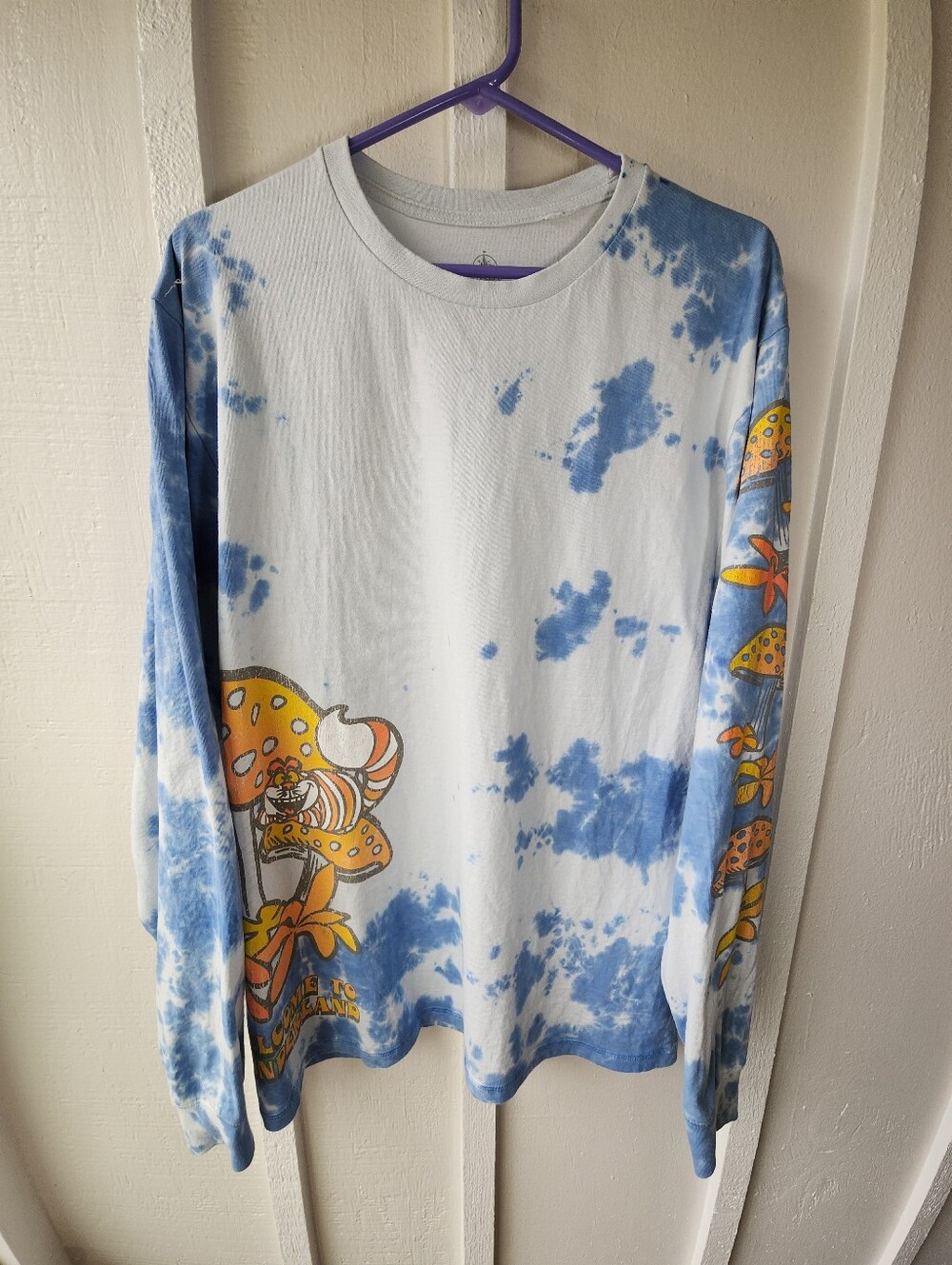 Disney Alice in Wonderland Blue Tie Dye  Long-Sleeve Mushroom Graphic Tee Lg